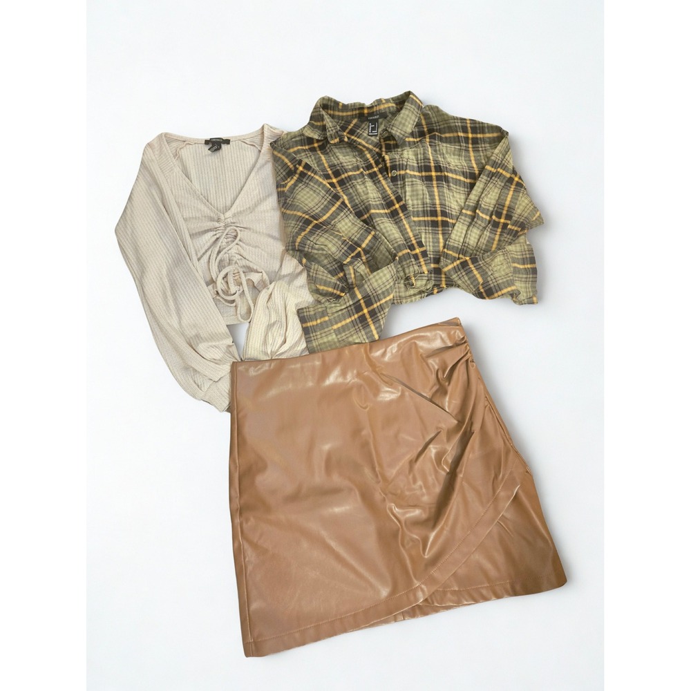 3pc Aesthetic Bundle‎ | Brown Faux Leather Skirt, Tan Ruched Crop & Plaid Top